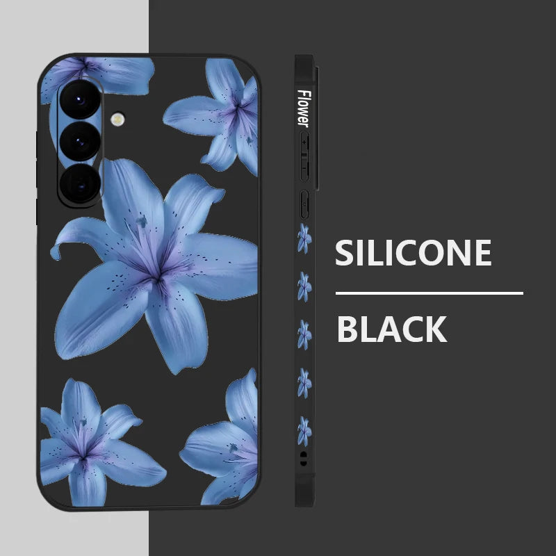 Soft TPU Phone Case For Samsung Galaxy S24 S25 FE S25 S23 S22 Ultra A17 A56 A16 A55 A25 A15 A36 A54 5G Blue Flower Print Cover