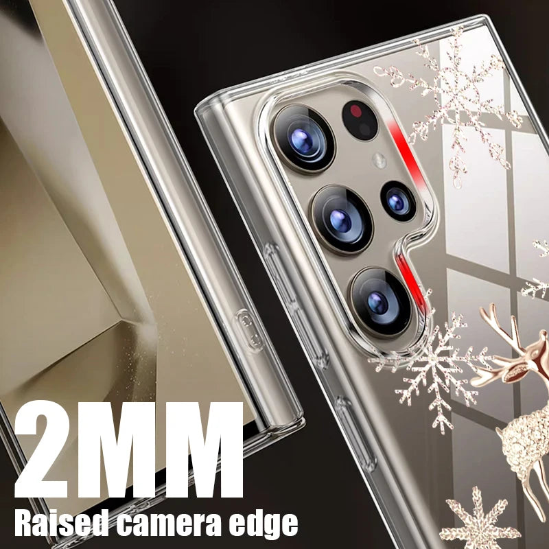 Clear Hard PC Case For Samsung Galaxy S25 S24 S23 Ultra S24 S25 FE S22 S21 Plus Christmas Elk Pattern Transparent Phone Cover