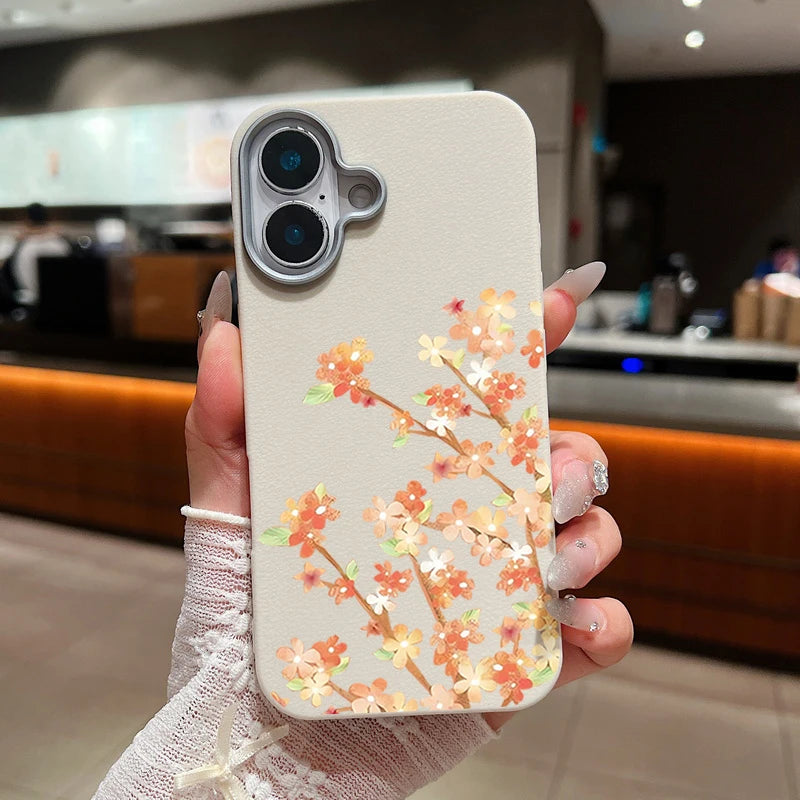 Leather Texture TPU Phone Case For iPhone 17 16 15 Pro Max 14 15 Plus 13 12 Pro Max 11 Air Orange Flowers Printed Back Cover