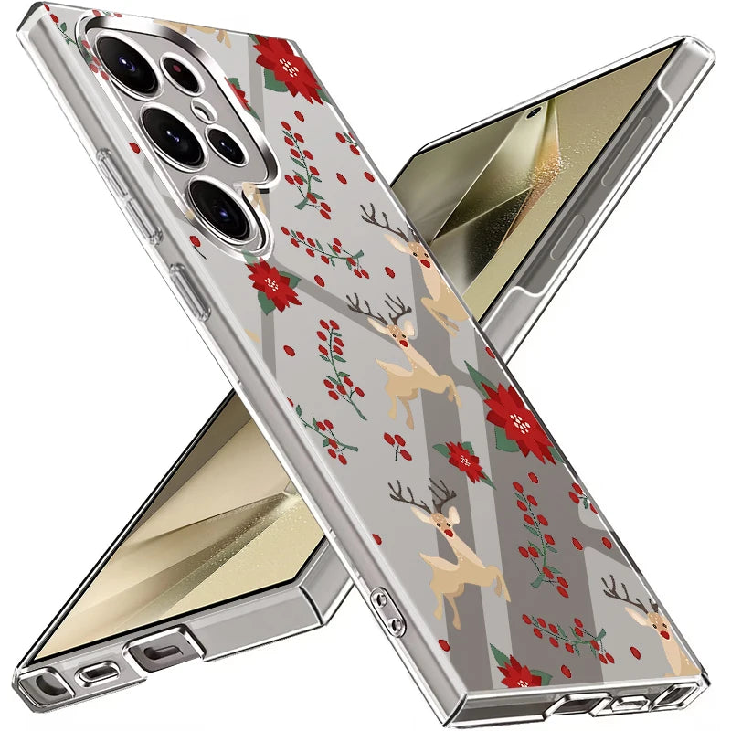 Clear Hard PC Case For Samsung Galaxy S25 S24 S23 Ultra S24 S25 FE S22 S21 Plus Christmas Elk Pattern Transparent Phone Cover