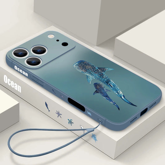 Wrist Strap Lanyard TPU Phone Case For iPhone 17 16 15 Pro Max 12 13 14 Pro Max Air 11 Whale Printed Soft Silicone Back Cover