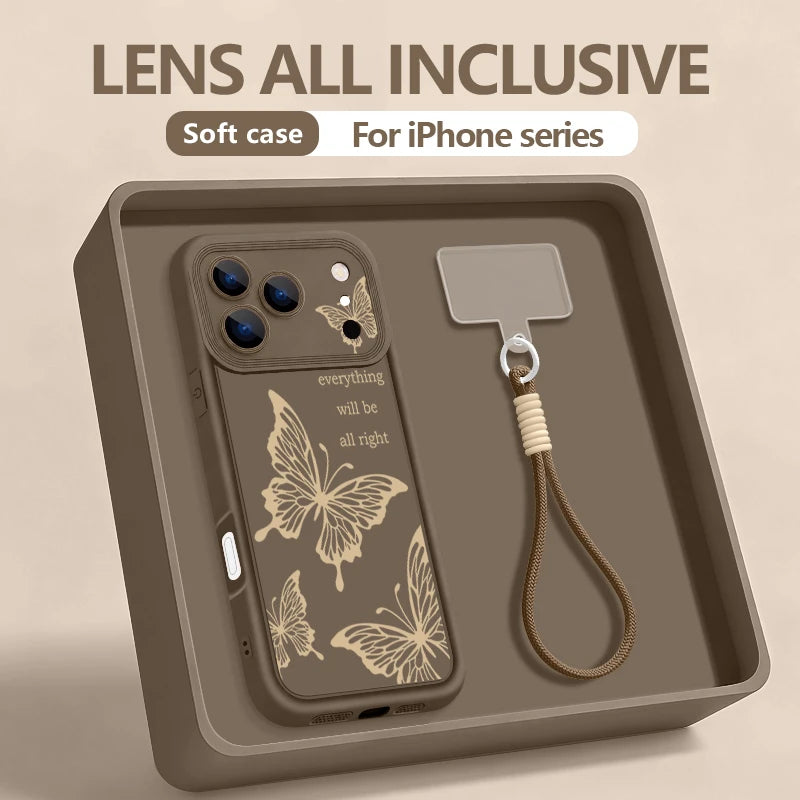 Wrist Strap Lanyard Phone Case For iPhone 17 Pro Max Air 16E 16 14 15 Pro 12 13 Pro Max 11 Sketch Butterfly Pattern TPU Cover