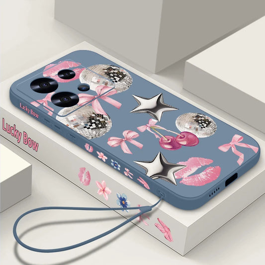 Cherry Bowknot Pattern TPU Phone Case For Xiaomi 13T 14T Pro 11T Pro Wrist Lanyard Soft Silicone Back Cover For Mi 14T 13T Pro