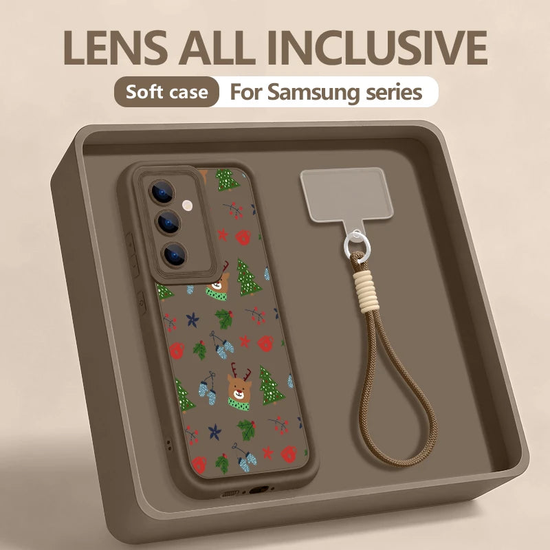 Cartoon Reindeer Print Lanyard Case For Samsung Galaxy S25 S23 S22 S24 Ultra S24 S25 FE A17 A56 A16 A55 A15 A36 A25 5G TPU Cover