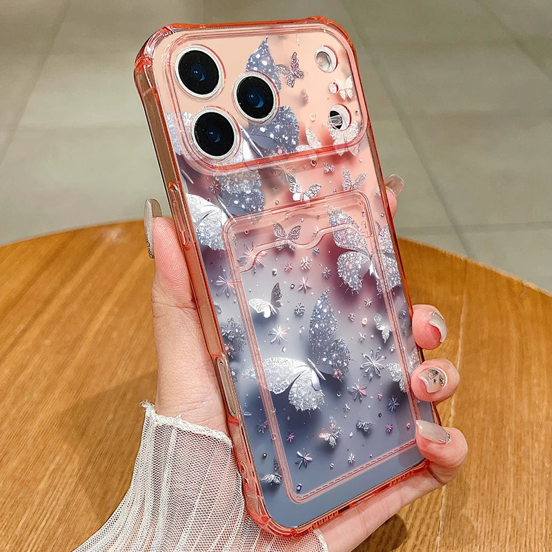 Card Slot Pocket Case For iPhone 17 16 Pro 15 14 13 Pro Max 11 Shockproof Gorgeous Butterfly Pattern Soft Silicone Phone Cover
