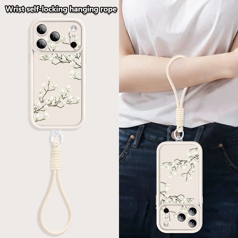 Wrist Strap Lanyard Phone Case For iPhone 17 Pro Max Air 16E 16 14 15 Pro 12 13 Pro Max 11 White Flowers Printed Soft TPU Cover