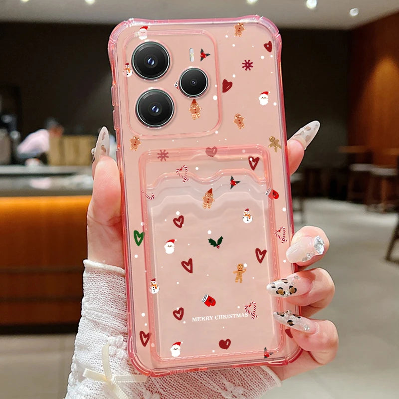 Card Slot Pocket Soft TPU Phone Case For Xiaomi 13T Pro Xiaomi 14T PRO Shockproof Cute Elk Love Heart Printed Clear Back Cover
