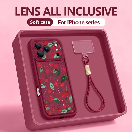 Wrist Strap Lanyard Phone Case For iPhone 17 Pro Max Air 16E 16 14 15 Pro 12 13 Pro Max 11 Red Cherry Painting Soft TPU Cover