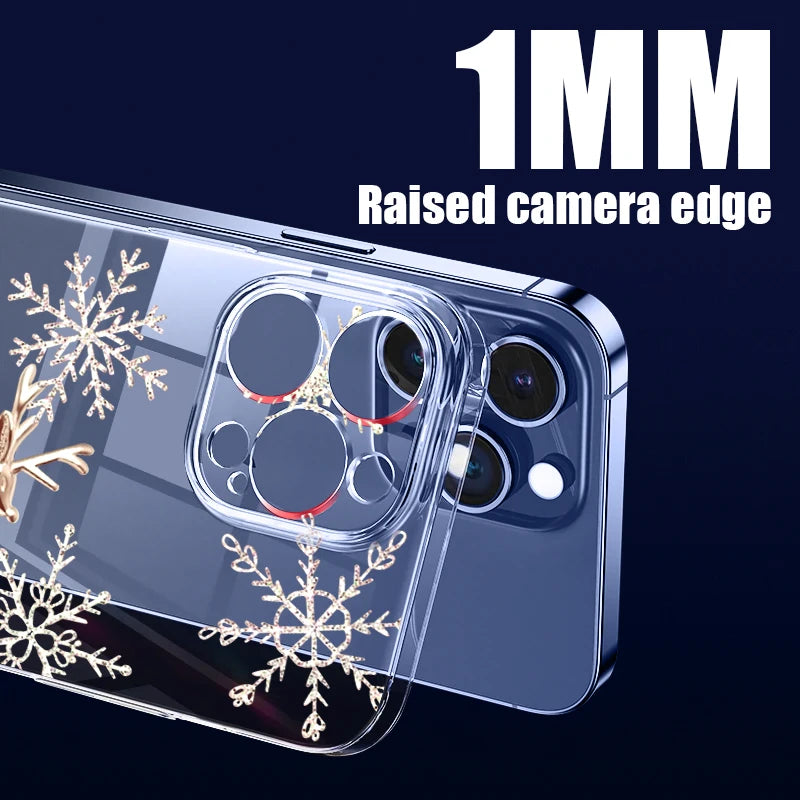 Transparent Hard PC Case For iPhone 17 Pro Air 15 14 13 12 16 Pro Max 16e 11 Crystal Clear Christmas Elk Pattern Phone Cover