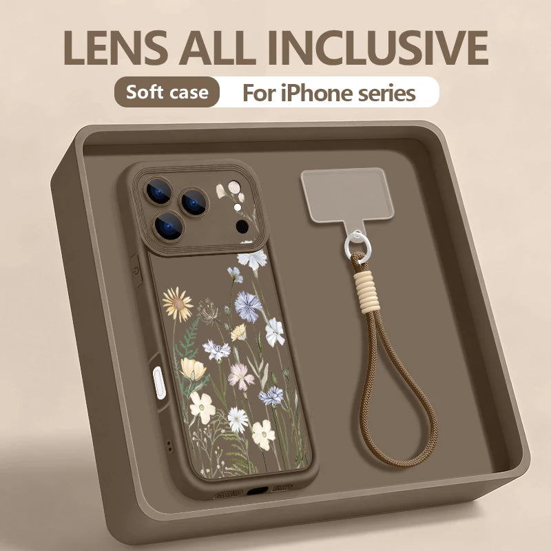 Wrist Strap Lanyard Phone Case For iPhone 17 Pro Max Air 16E 16 14 15 Pro 12 13 Pro Max 11 Cartoon White Flower Print TPU Cover