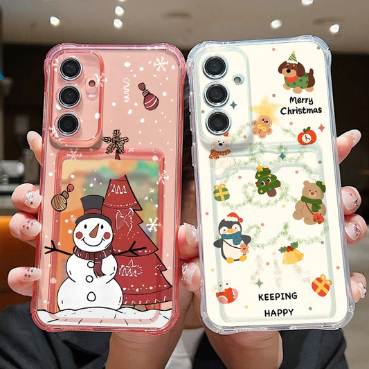Card Pocket TPU Phone Case For Samsung Galaxy A17 A56 A16 A36 A55 A15 A25 A26 A54 A53 5G Christmas Snowman Printed Soft Cover