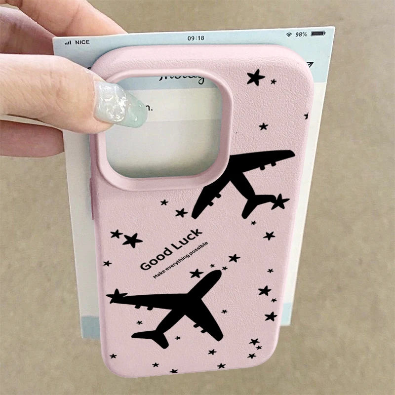 Airplane TPU Case For iPhone 16e 16 Pro Max 12 13 14 15 Pro Max 11 Shockproof Leather Texture Soft Silicone Phone Cover Fundas