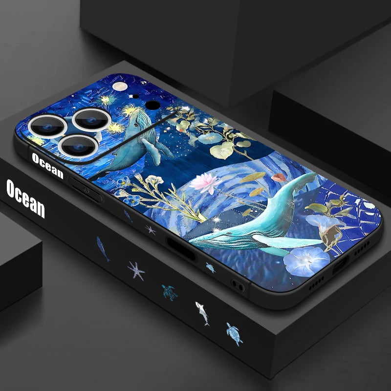 Wrist Strap Lanyard TPU Phone Case For iPhone 17 16 15 Pro Max 12 13 14 Pro Max Air 11 Dreamy Ocean Printed Soft Silicone Cover