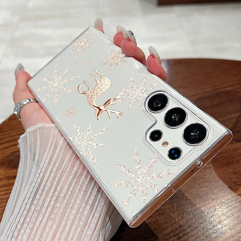 Clear Hard PC Case For Samsung Galaxy S25 S24 S23 Ultra S24 S25 FE S22 S21 Plus Christmas Elk Pattern Transparent Phone Cover