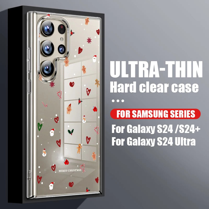 Clear Hard PC Case For Samsung Galaxy S25 S24 S23 Ultra S24 S25 FE S22 S21 Plus Christmas Elk Pattern Transparent Phone Cover