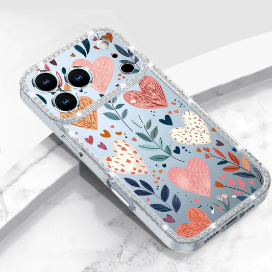 Bling Diamond Phone Case For iPhone 17 Pro Max 16 15 14 13 Pro Max Pink Love Heart Printed Soft Silicone Clear TPU Back Cover