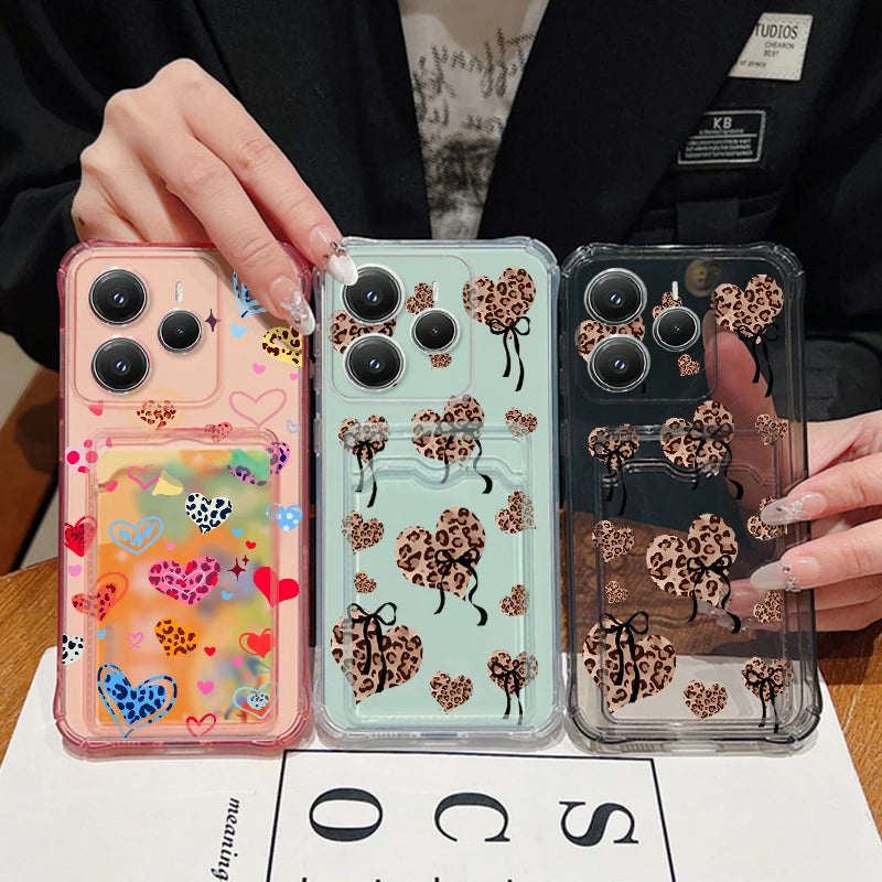 Card Slot Pocket Soft TPU Case For Xiaomi Poco X6 X7 F6 X5 Pro M6 Pro C65 Leopard Print Love Heart Pattern Silicone Phone Cover