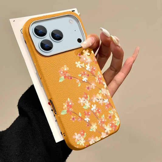 Leather Texture TPU Phone Case For iPhone 17 16 15 Pro Max 14 15 Plus 13 12 Pro Max 11 Air Orange Flowers Printed Back Cover