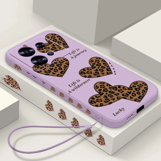 Leopard Print Heart Pattern TPU Phone Case For Xiaomi 13T 14T Pro 11T Pro Wrist Lanyard Soft Silicone Cover For Mi 14T 13T Pro