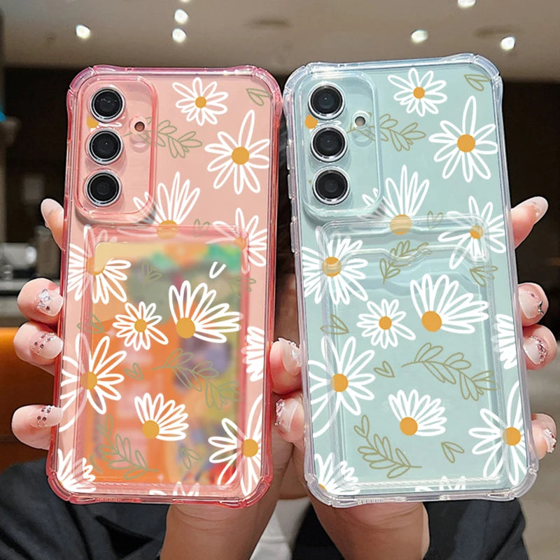 Card Slot Pocket Case For Samsung Galaxy A56 A55 A25 A16 A15 A36 5G S25 Edge S24 Ultra S23 S24 FE Cartoon White Flower TPU Cover