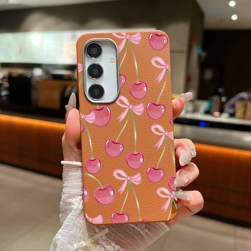 Cherry Bowknot Printed TPU Phone Case For Samsung Galaxy A56 A16 A36 A55 A15 A25 A26 A35 A54 A53 5G Leather Texture Back Cover