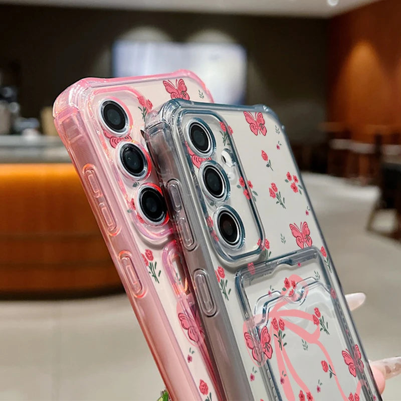 Card Slot Pocket Case For Samsung Galaxy S25 Edge S24 Ultra S23 S24 FE A56 A55 A25 A16 A15 A36 5G Pink Bowknot Printed TPU Cover