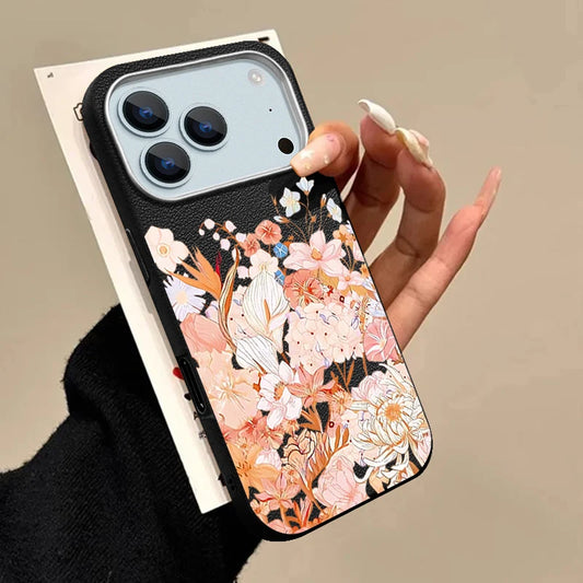Leather Texture TPU Phone Case For iPhone 17 16 15 Pro Max 14 15 Plus 13 12 Pro Max 11 Air Pink Flowers Printed Soft Back Cover