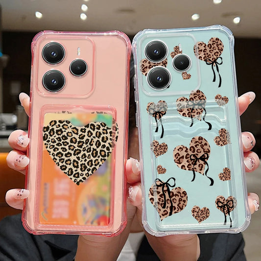 Card Pocket TPU Case For Xiaomi Redmi Note 14 Pro Plus 5G Note 13 12 Pro 14C 13C 4G Leopard Print Love Heart Pattern Phone Cover