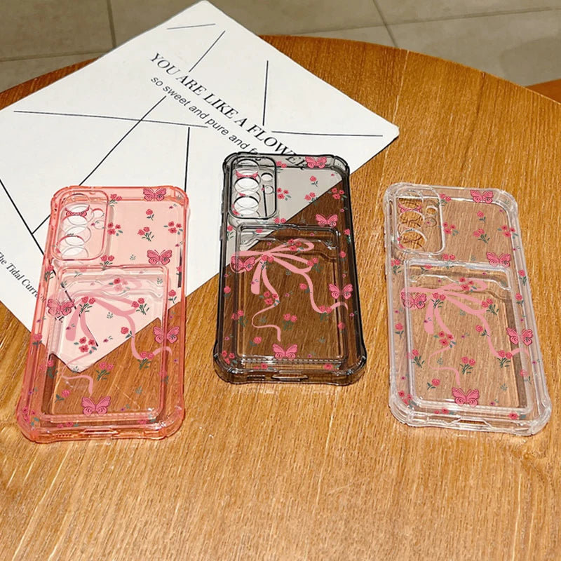 Card Slot Pocket Case For Samsung Galaxy S25 Edge S24 Ultra S23 S24 FE A56 A55 A25 A16 A15 A36 5G Pink Bowknot Printed TPU Cover