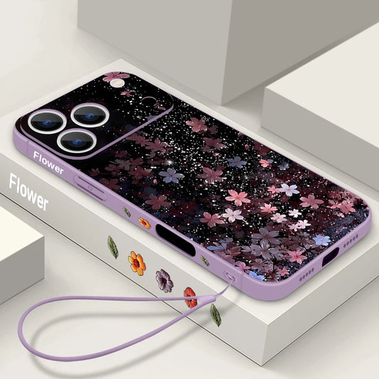 Wrist Strap Lanyard Soft TPU Case For iPhone 17 16 15 Pro Max 12 13 14 Pro Max Air 11 Pink Cherry Blossom Pattern Silicone Cover