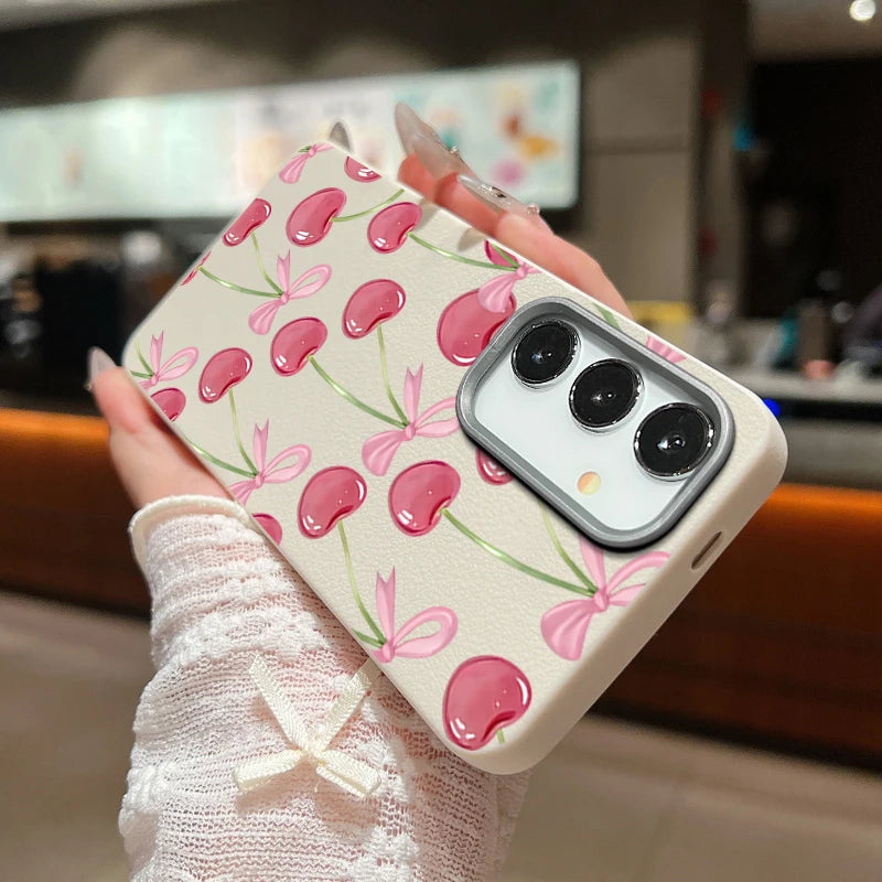Cherry Bowknot Printed TPU Phone Case For Samsung Galaxy A56 A16 A36 A55 A15 A25 A26 A35 A54 A53 5G Leather Texture Back Cover
