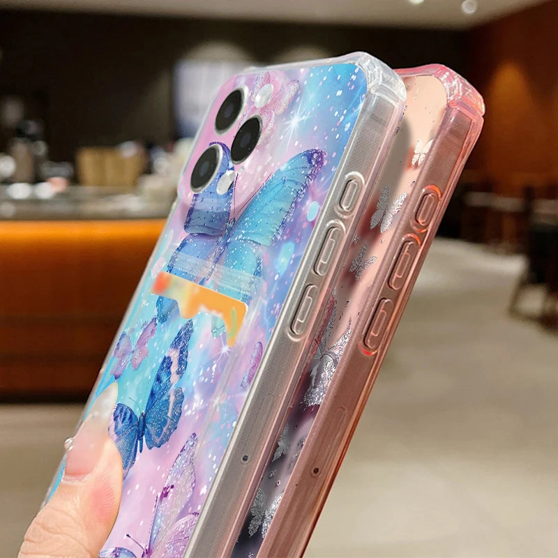 Card Slot Pocket Case For iPhone 17 16 Pro 15 14 13 Pro Max 11 Shockproof Gorgeous Butterfly Pattern Soft Silicone Phone Cover
