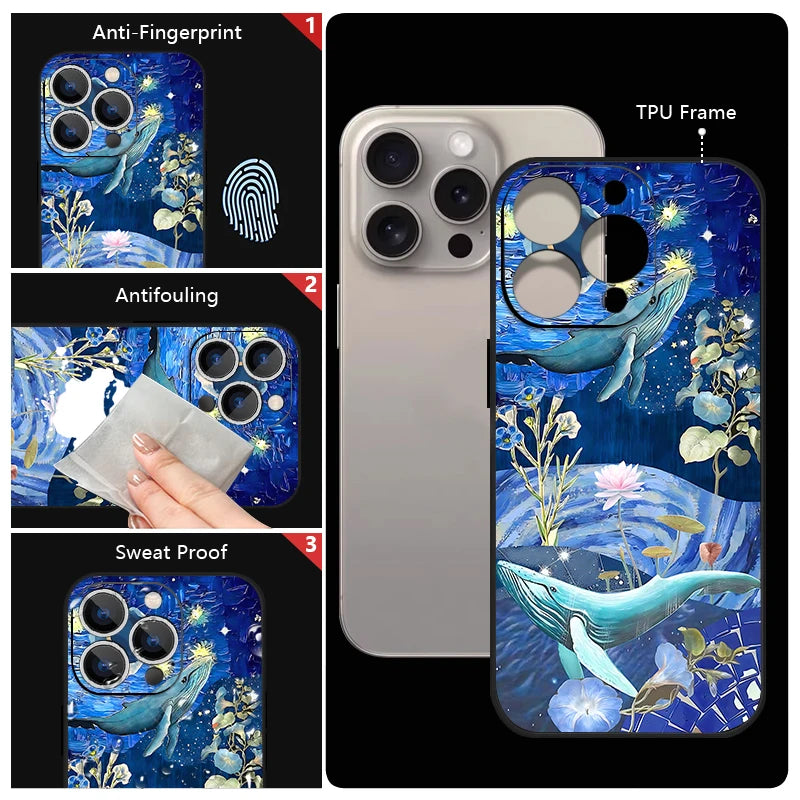 Wrist Strap Lanyard TPU Phone Case For iPhone 17 16 15 Pro Max 12 13 14 Pro Max Air 11 Dreamy Ocean Printed Soft Silicone Cover