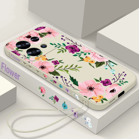 Lanyard TPU Phone Case For Xiaomi Redmi Note 14 13 Pro Plus 12 14 Pro 5G Note 13C 13 11 4G Pink Flower Print Soft Silicone Cover
