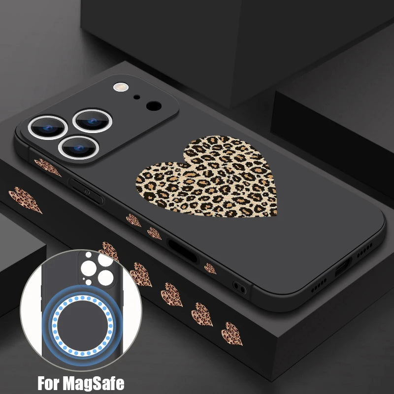 Magnetic For Magsafe Case For iPhone 17 Pro Max Air 16E 16 15 14 13 12 Pro Max 11 Leopard Print Love Heart Lanyard TPU Cover