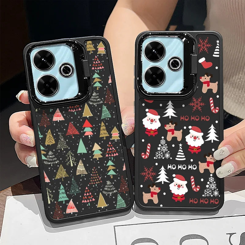 Lens Frame Holder Soft TPU Case For Xiaomi Redmi Note 13 Pro 12 11 Pro 5G 13C 4G Merry Christmas Pattern Kickstand Phone Cover