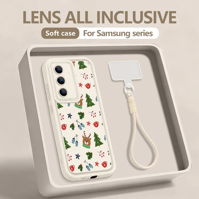 Cartoon Reindeer Print Lanyard Case For Samsung Galaxy S25 S23 S22 S24 Ultra S24 S25 FE A17 A56 A16 A55 A15 A36 A25 5G TPU Cover