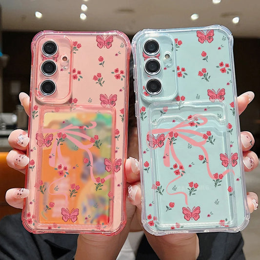 Card Slot Pocket Case For Samsung Galaxy S25 Edge S24 Ultra S23 S24 FE A56 A55 A25 A16 A15 A36 5G Pink Bowknot Printed TPU Cover