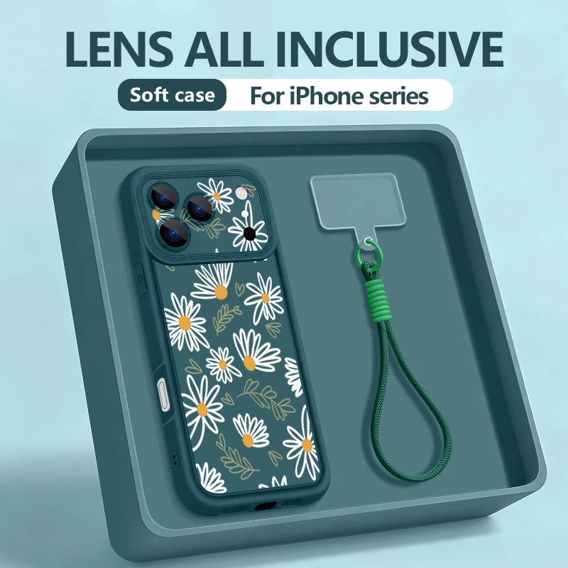 Wrist Strap Lanyard Phone Case For iPhone 17 Pro Max Air 16E 16 14 15 Pro 12 13 Pro Max 11 Cartoon White Flower Print TPU Cover