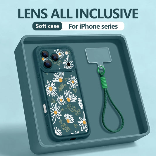 Wrist Strap Lanyard Phone Case For iPhone 17 Pro Max Air 16E 16 14 15 Pro 12 13 Pro Max 11 Cartoon White Flower Print TPU Cover