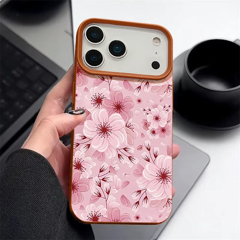 Pink Peach Blossoms Print Phone Case For iPhone 17 16e 16 15 Pro Max 14 13 12 Pro Max 11 Air Soft Leather Texture TPU Back Cover