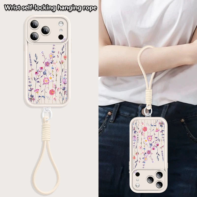Wrist Strap Lanyard Phone Case For iPhone 17 Pro Max Air 16E 16 14 15 Pro 12 13 Pro Max 11 Cartoon White Flower Print TPU Cover