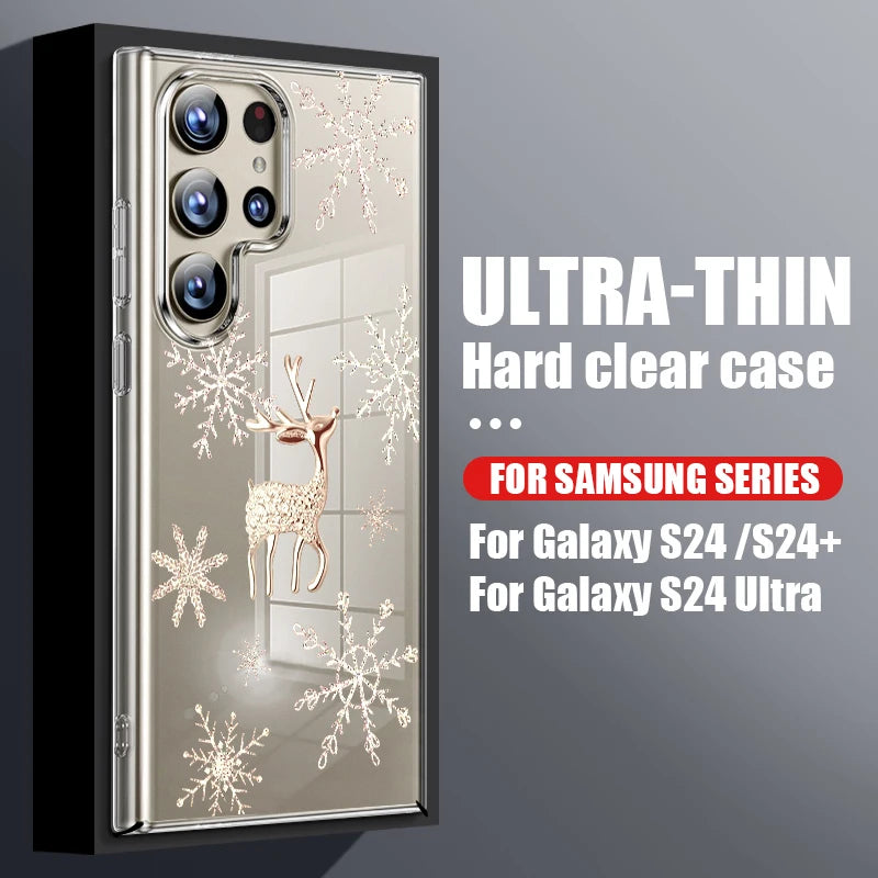 Clear Hard PC Case For Samsung Galaxy S25 S24 S23 Ultra S24 S25 FE S22 S21 Plus Christmas Elk Pattern Transparent Phone Cover