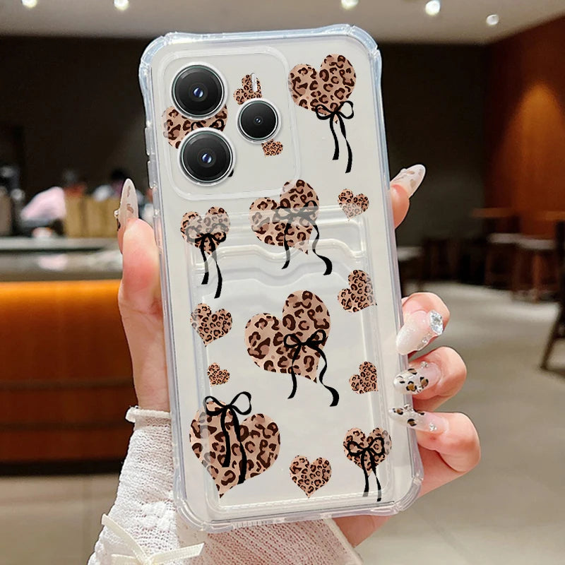 Card Slot Pocket Soft TPU Case For Xiaomi Poco X6 X7 F6 X5 Pro M6 Pro C65 Leopard Print Love Heart Pattern Silicone Phone Cover