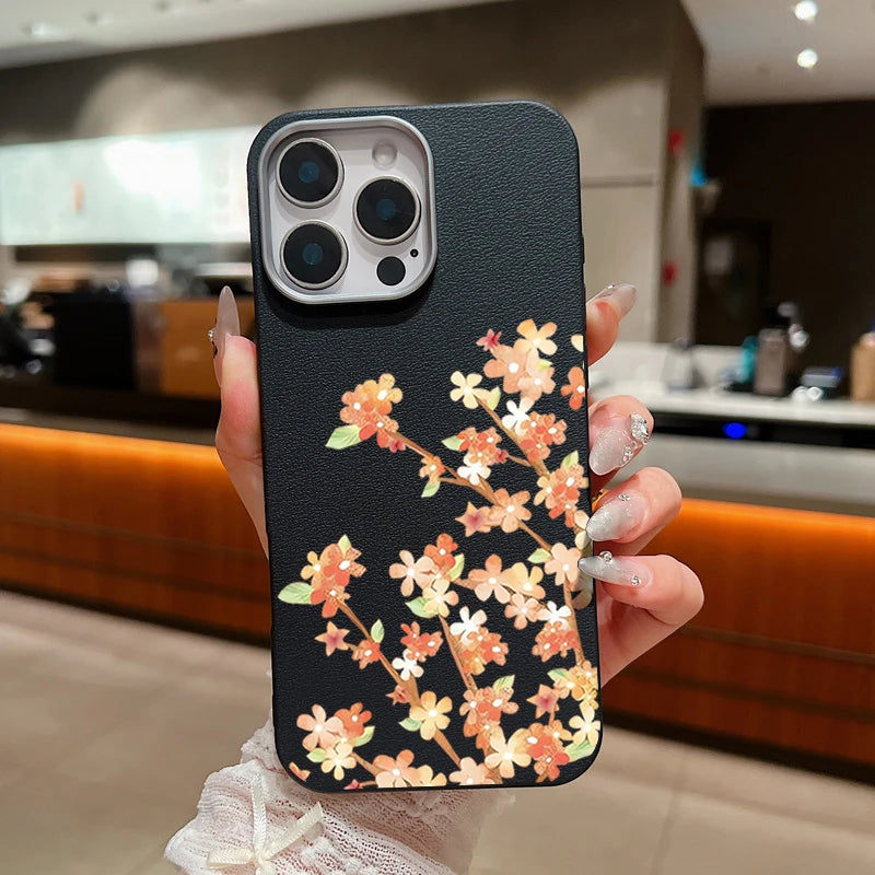 Leather Texture TPU Phone Case For iPhone 17 16 15 Pro Max 14 15 Plus 13 12 Pro Max 11 Air Orange Flowers Printed Back Cover
