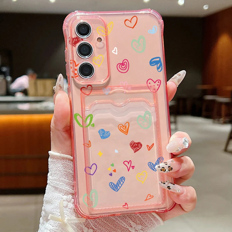 Colorful Love Card Bag Wallet Case For Samsung Galaxy S24 S23 FE S22 Ultra A16 A55 A35 A25 A15 A06 A05 5G Clear Soft TPU Cover
