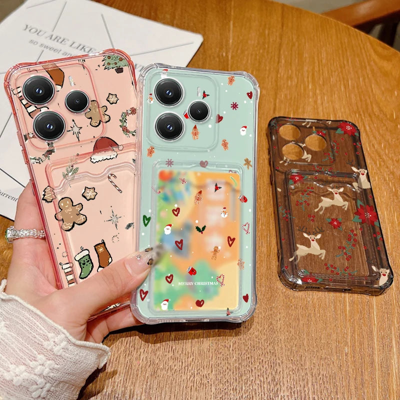 Card Slot Pocket Soft TPU Phone Case For Xiaomi 13T Pro Xiaomi 14T PRO Shockproof Cute Elk Love Heart Printed Clear Back Cover