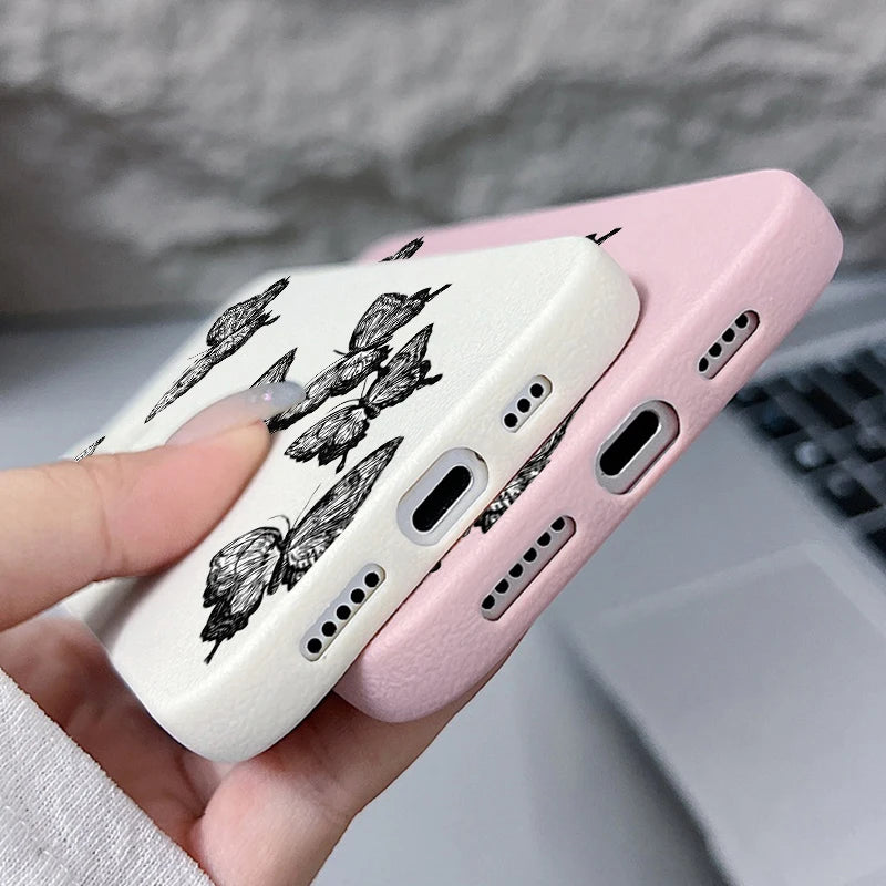 Black Butterfly Pattern Phone Case For iPhone 17 16e 16 15 Pro Max Leather Texture TPU Cover For iPhone Air 12 13 14 Pro Max 11