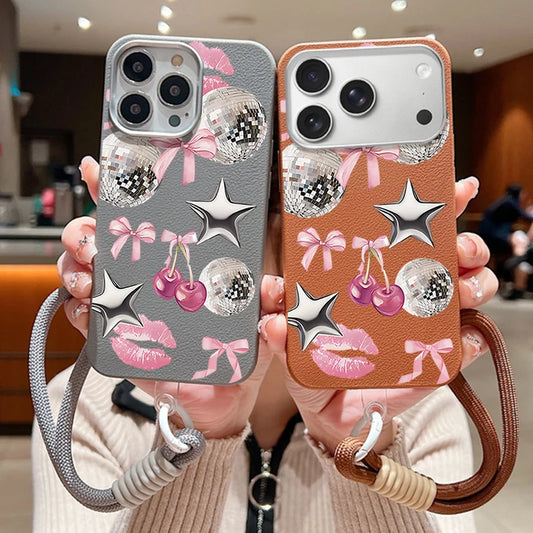 Wrist Strap Lanyard Phone Case For iPhone 17 16 15 Pro Max 14 15 Plus 13 12 Pro Max 11 Air Cherry Bowknot Pattern Soft TPU Cover