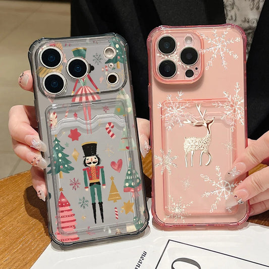 Card Slot Pocket TPU Phone Case For iPhone 17 Pro Max Air 16e 16 15 14 13 Pro Max 12 11 Christmas Elk Pattern Soft Back Cover